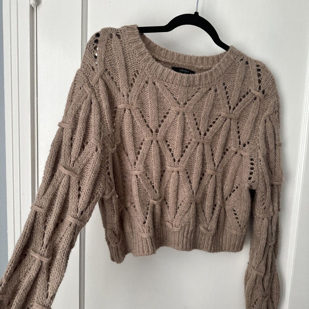 New Taupe Cropped Sweater Open Knit Women's XL - Picture 5 of 10